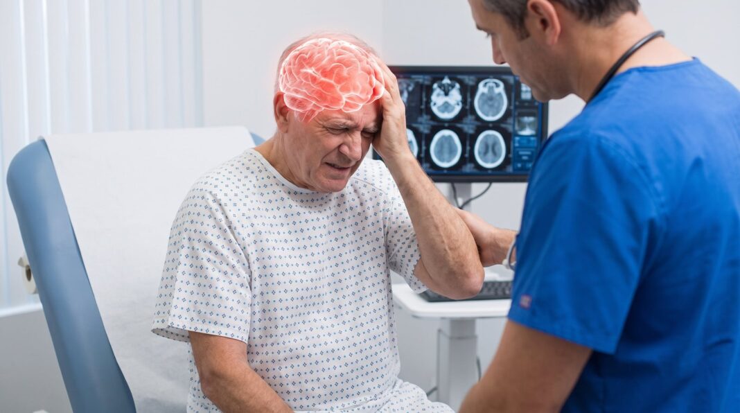 Ilustración de un cerebro humano con señales de alerta de infarto cerebral