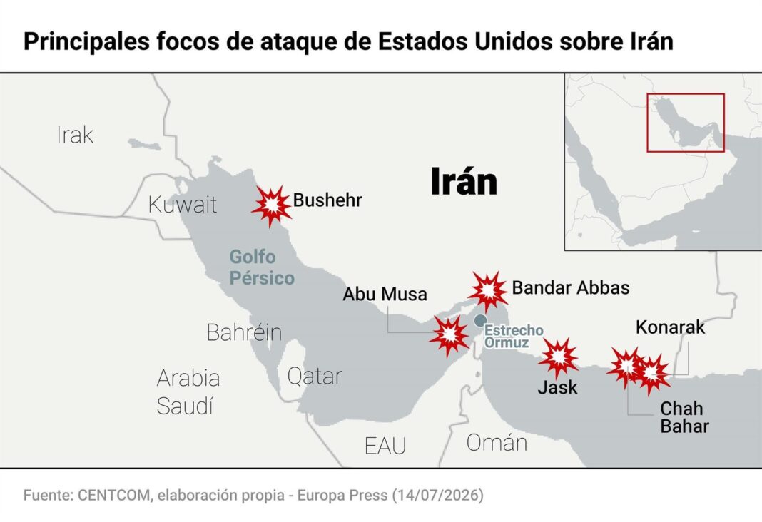 Mapa del conflicto en Irán con ubicaciones de ataques