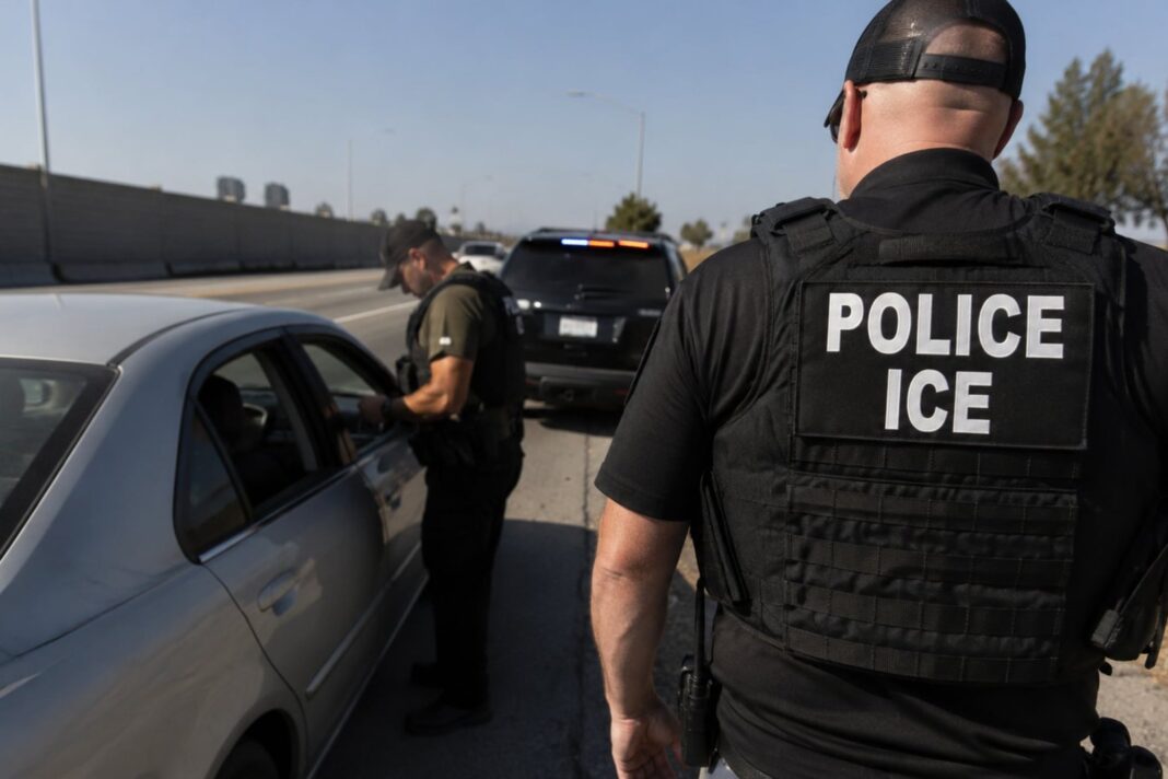 Agente del ICE con cámara corporal durante un operativo vehicular