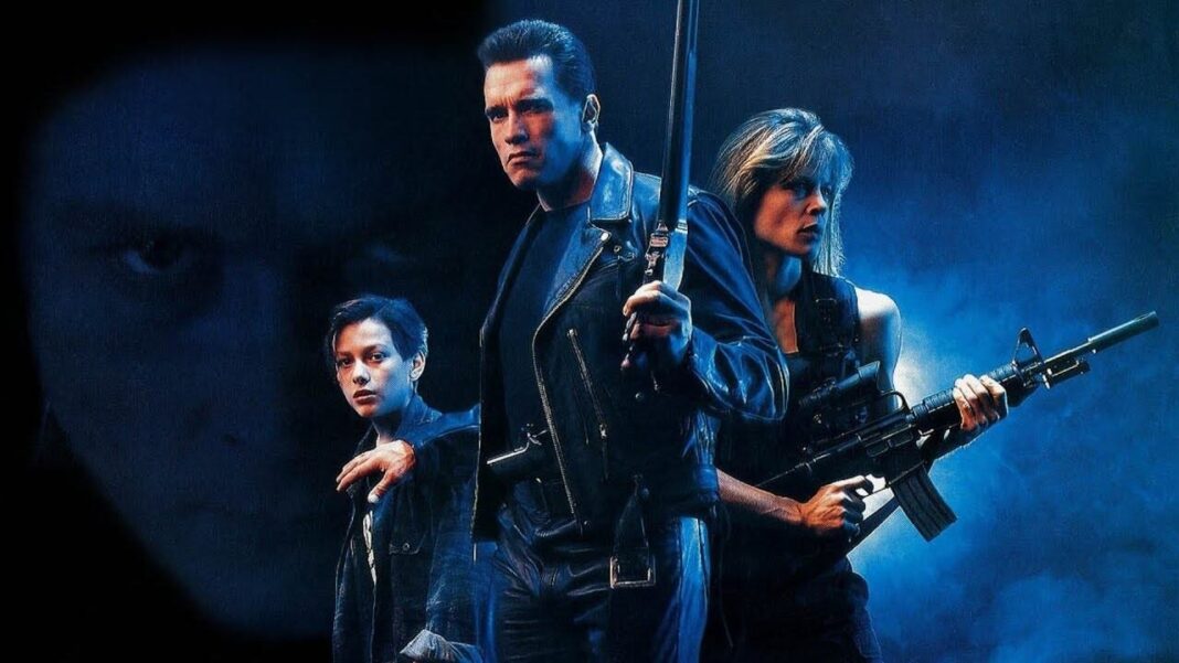 Póster de Terminator 2: El juicio final con Arnold Schwarzenegger y el logo de la película