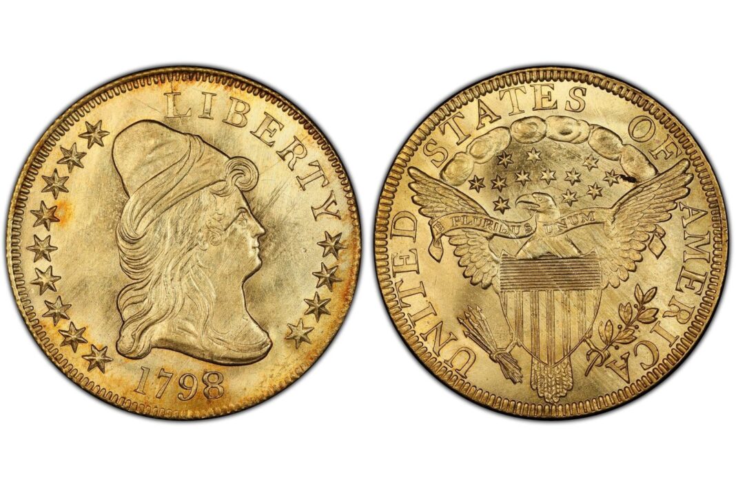 Moneda de diez dólares estadounidense de 1798, serie Draped Bust, con sobrefechado 1798/7 y configuración de estrellas 9x4