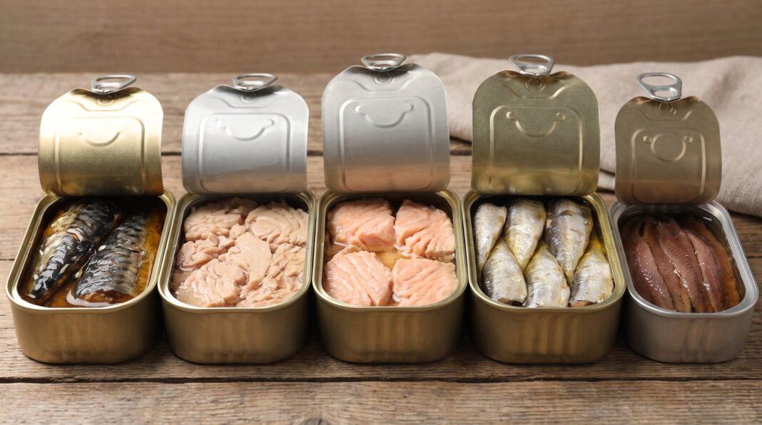 Latas de pescado en conserva sobre una mesa