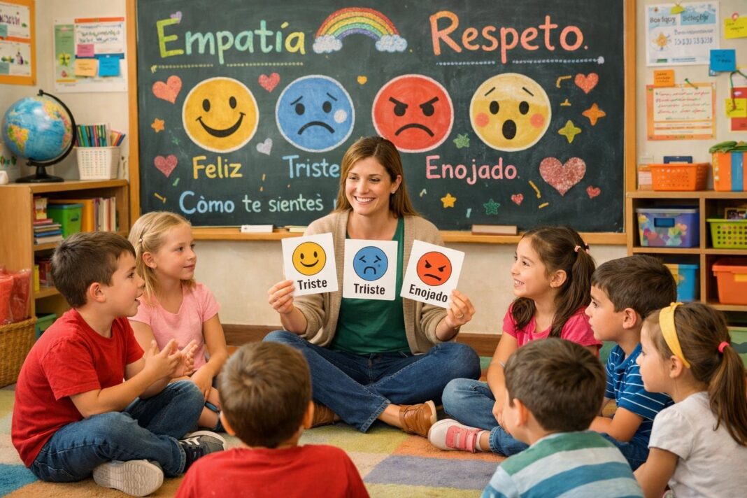Estudiantes en un aula participando en una actividad de educación emocional