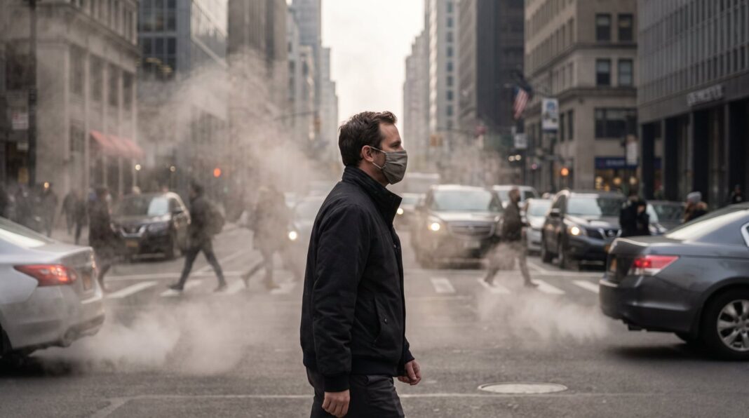 Persona respirando aire contaminado en una ciudad, con partículas visibles