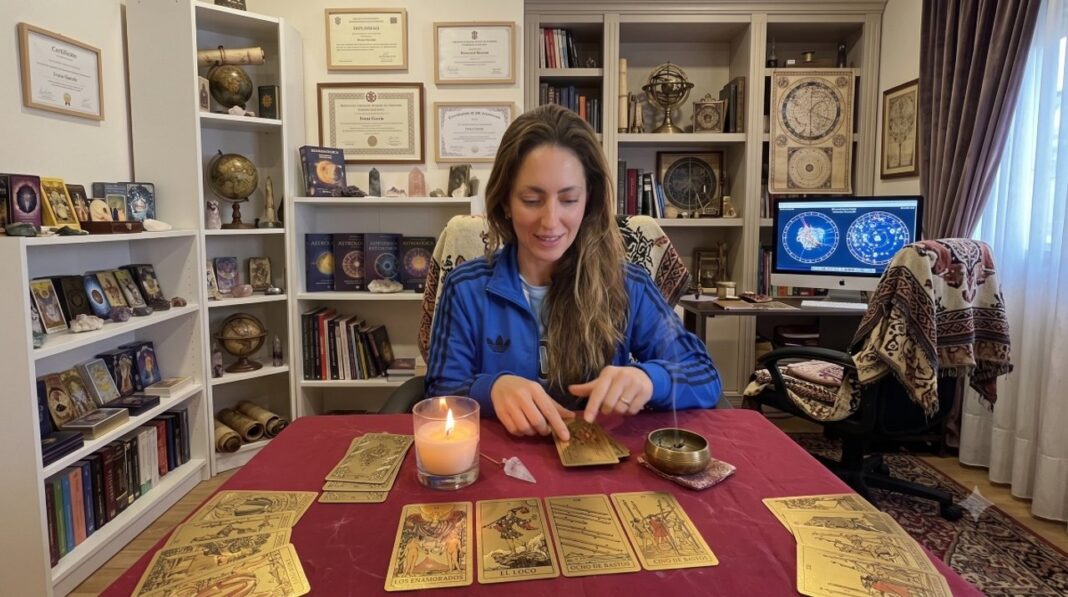 Tarotista Ivana García con cartas de tarot y la bandera argentina de fondo