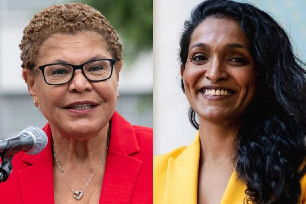 Karen Bass y Nithya Raman durante el debate electoral por la alcaldía de Los Ángeles