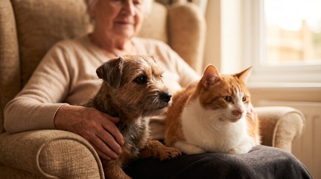 Perro y gato junto a un adulto mayor en una residencia geriátrica