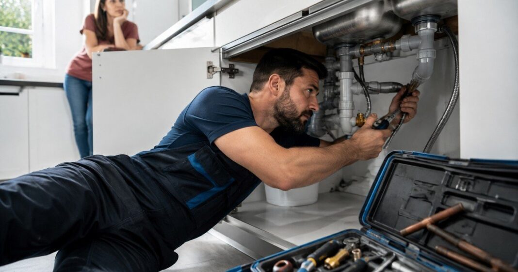 Fontanero trabajando en instalación de termo eléctrico