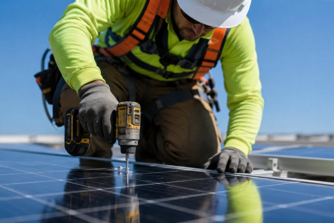 Trabajadores de la construcción en un proyecto solar en Illinois