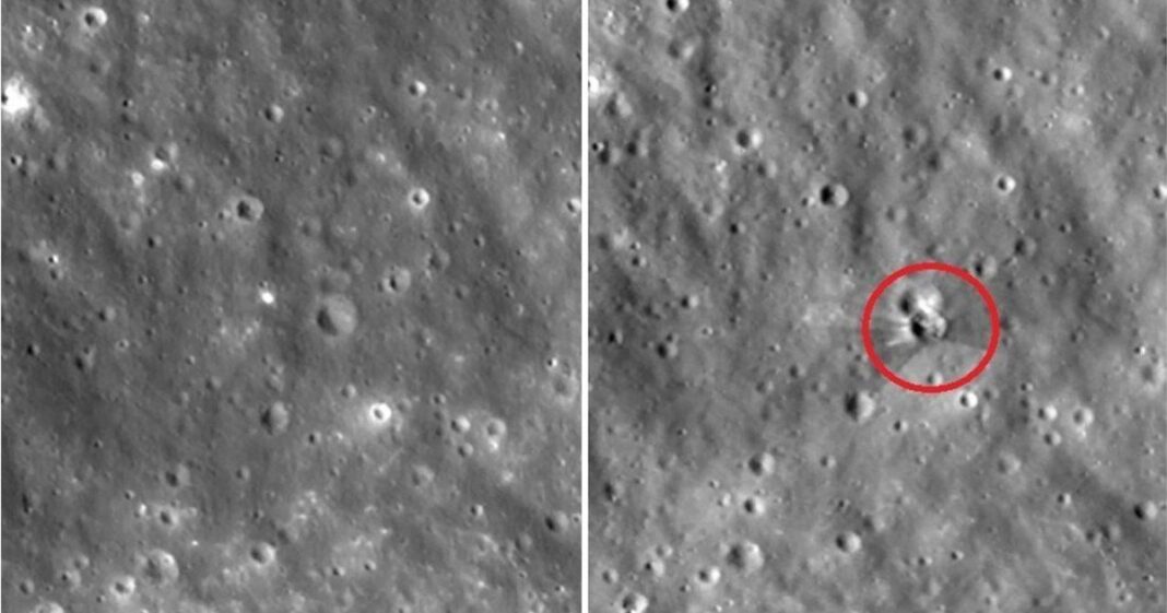 Imagen del cráter en la Luna causado por el impacto de un cohete Falcon 9 de SpaceX, tomada por la NASA
