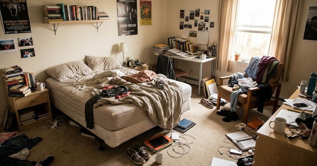 Habitación con ropa sobre una silla, libros acumulados y objetos fuera de lugar