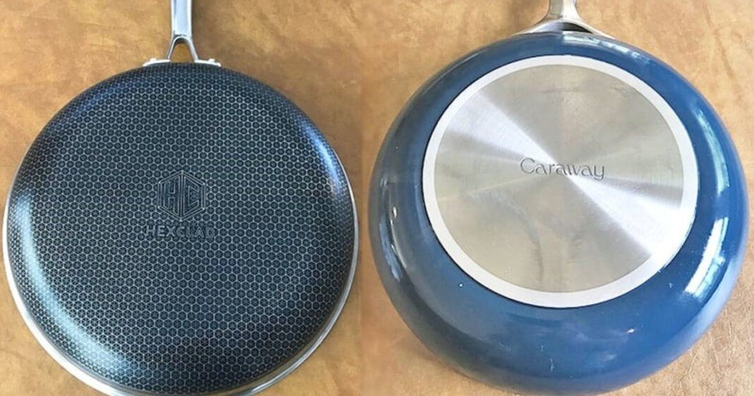 Sartenes de las marcas Caraway y HexClad sobre una superficie de cocina