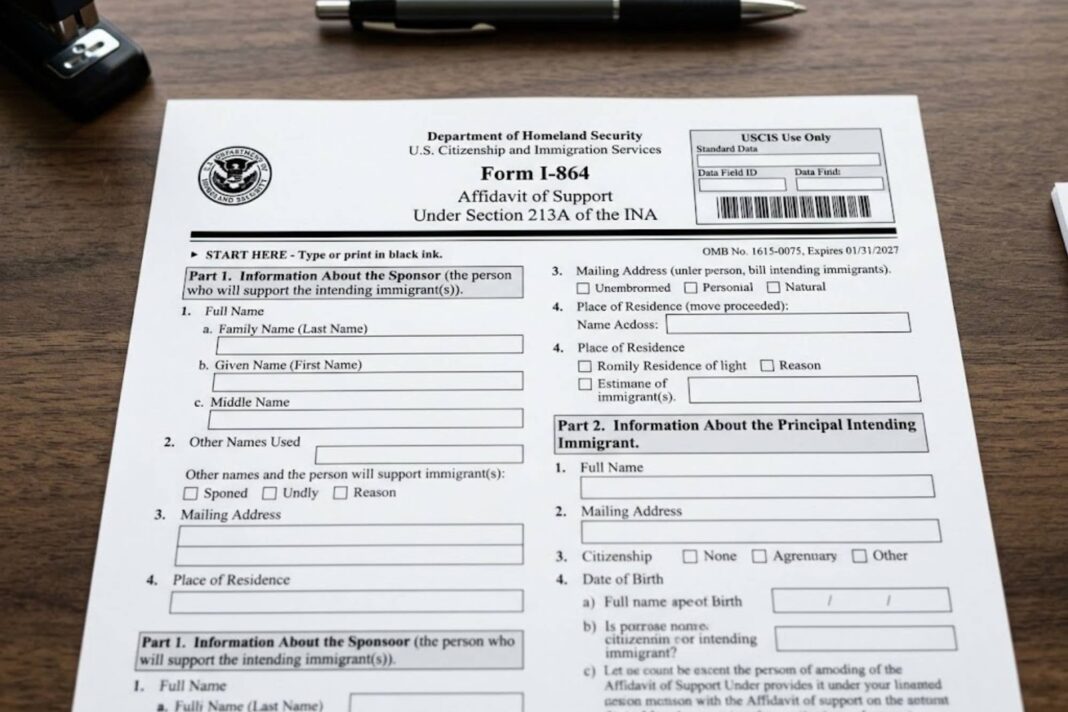 Formulario I-864 del Uscis en una pantalla de computadora