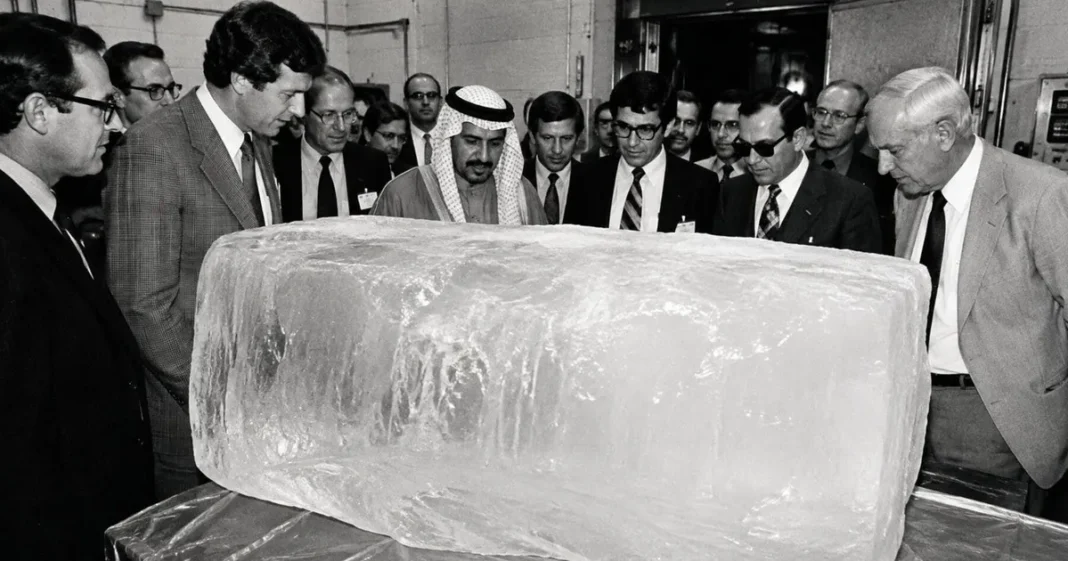 Bloque de hielo glaciar de más de una tonelada extraído del Portage Glacier en Alaska y trasladado a Iowa en 1977 para una conferencia científica
