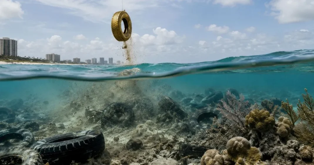 Módulos de neumáticos rellenos de hormigón sumergidos en el fondo marino de Nantucket Sound