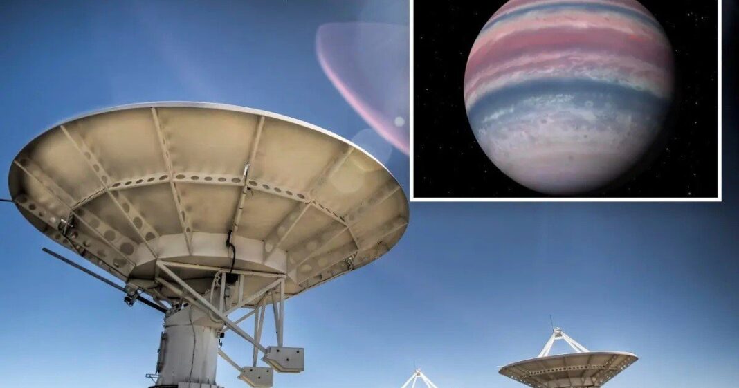 Representación artística del exoplaneta Beta Pictoris b y su campo magnético emitiendo ondas de radio