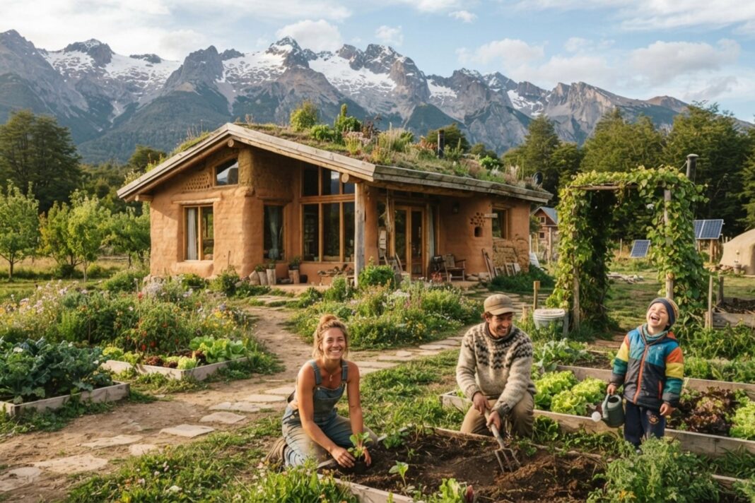 Casa de barro y paja en Trevelin, Chubut, rodeada de naturaleza