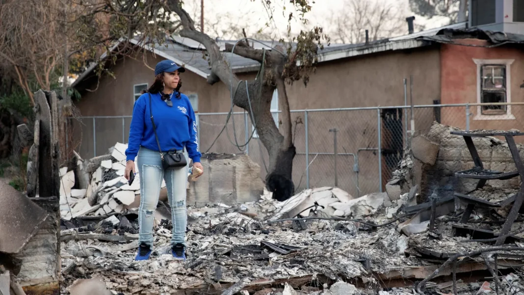 Viviendas destruidas por los incendios de Palisades y Eaton en Los Ángeles, con estructuras calcinadas y escombros.