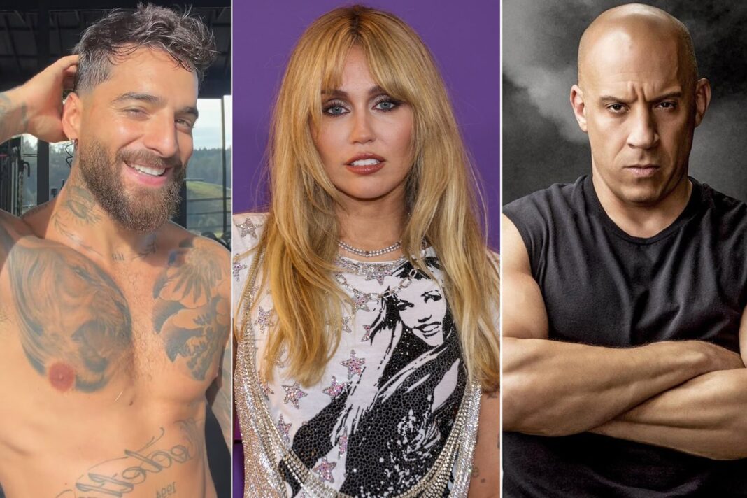 Collage de celebridades que cambiaron sus nombres: Vin Diesel, Miley Cyrus, Maluma, Iggy Azalea, Bruno Mars, Pink y Elton John