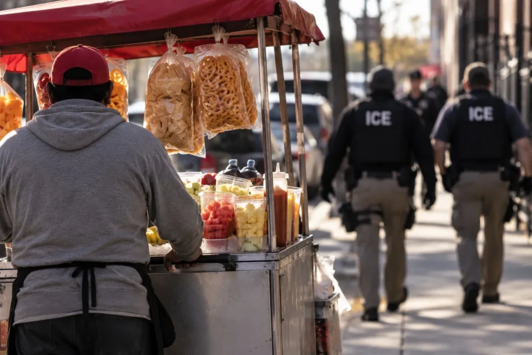 Vendedor ambulante empujando un carrito con alimentos en una calle de Chicago