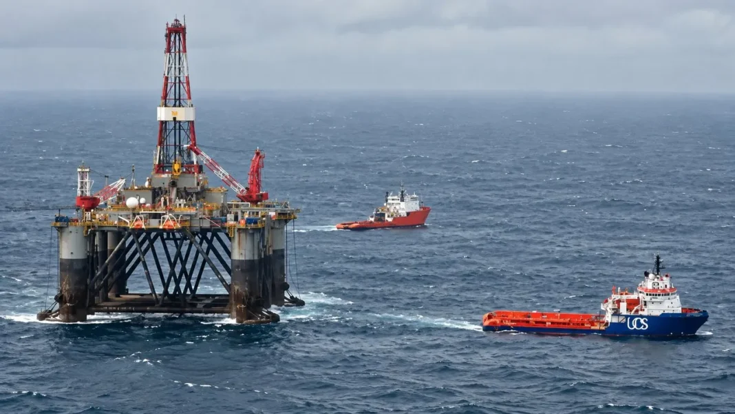 Vista de las Islas Malvinas con plataforma petrolera en el mar