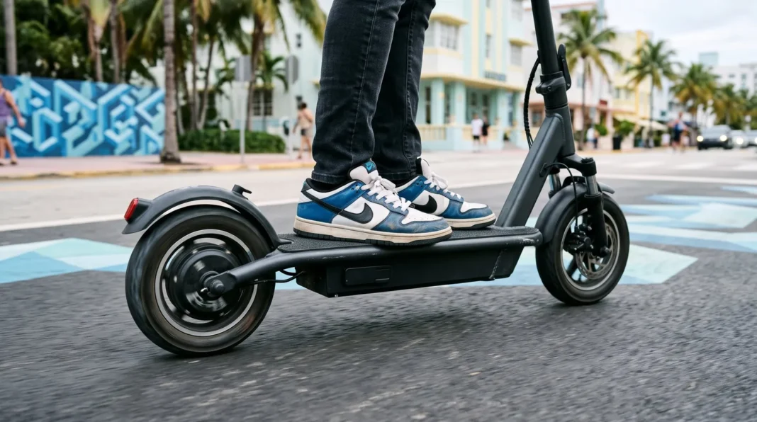 Bicicletas y monopatines eléctricos estacionados en una acera de Miami