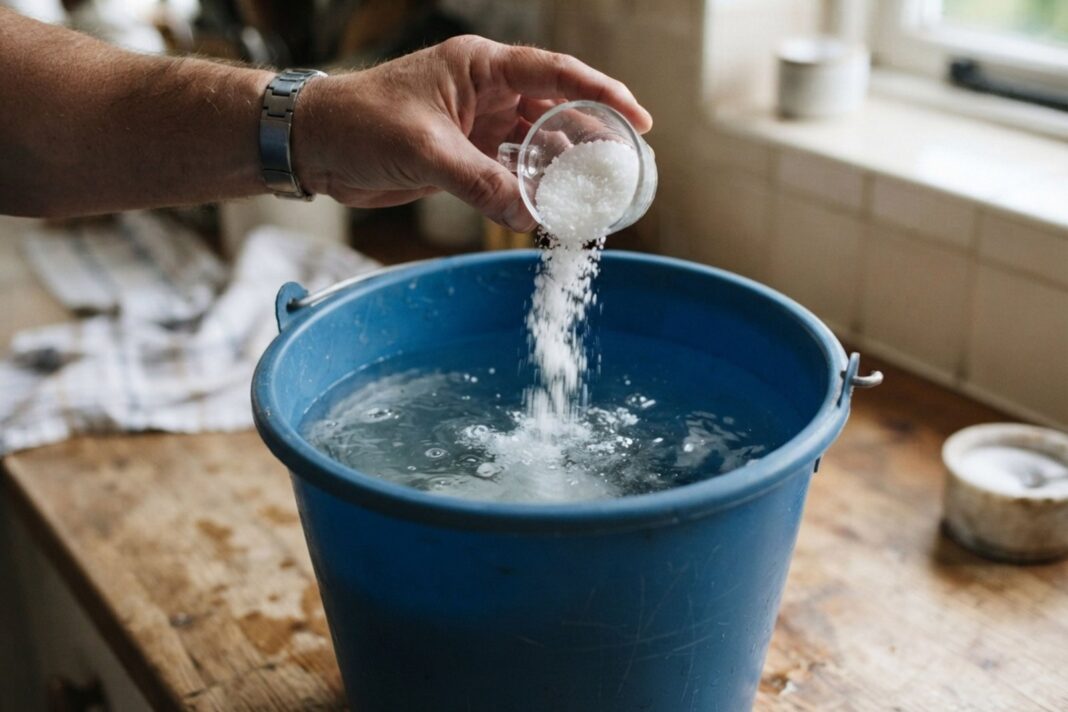 Balde con agua, sal y vinagre para limpiar el piso