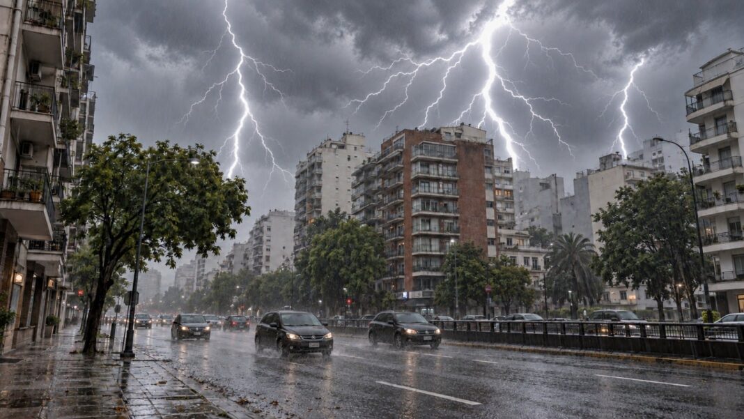Cielo parcialmente nublado sobre la ciudad de Buenos Aires durante la primavera