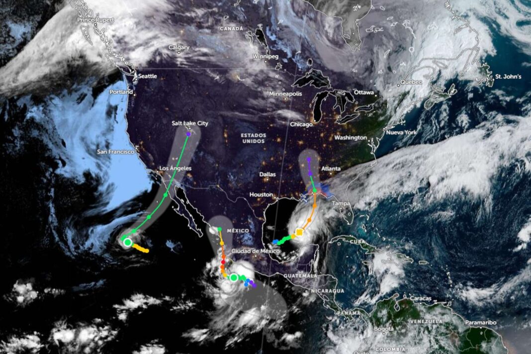 Mapa de trayectorias de las tormentas tropicales Isaias, Simon y Rachel