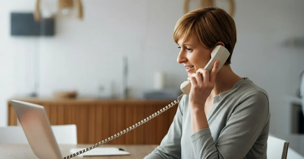 Madre observando su teléfono mientras espera una llamada de sus hijos adultos